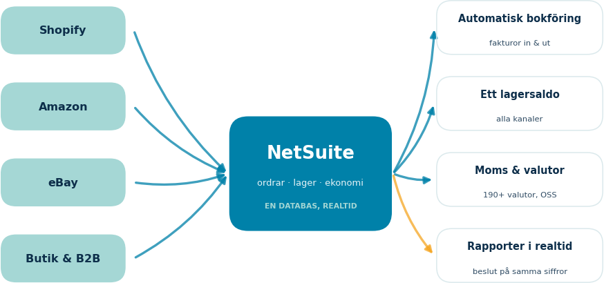 Alla kanaler in i NetSuite — bokföring, lager och rapporter ut