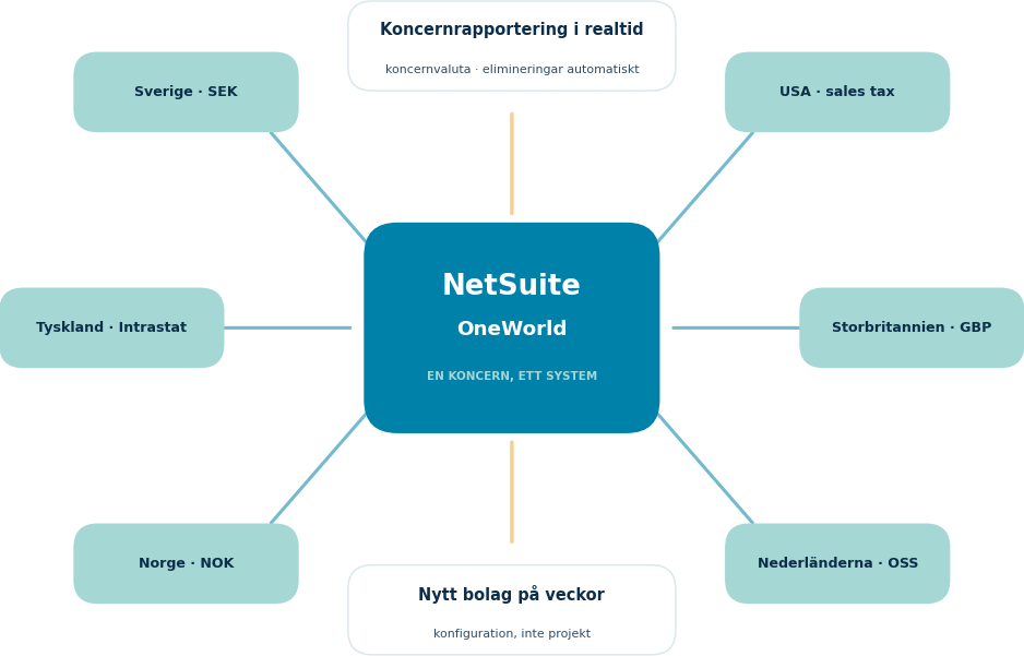 Dotterbolag i flera länder samlas i NetSuite OneWorld — konsolidering, lokal moms och koncernrapportering i ett system